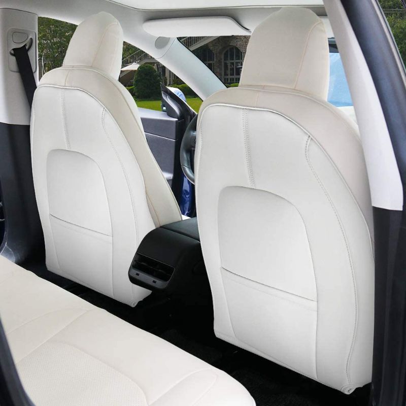 Photo 1 of BASENOR Tesla Model 3 Model Y Model S Model X Leather Seat Back Kick Protector Backseat Kick Mats for Kids Extra Organizer Pocket Resistant Waterproof Scratchproof Resistance Protection Set of 2 White
