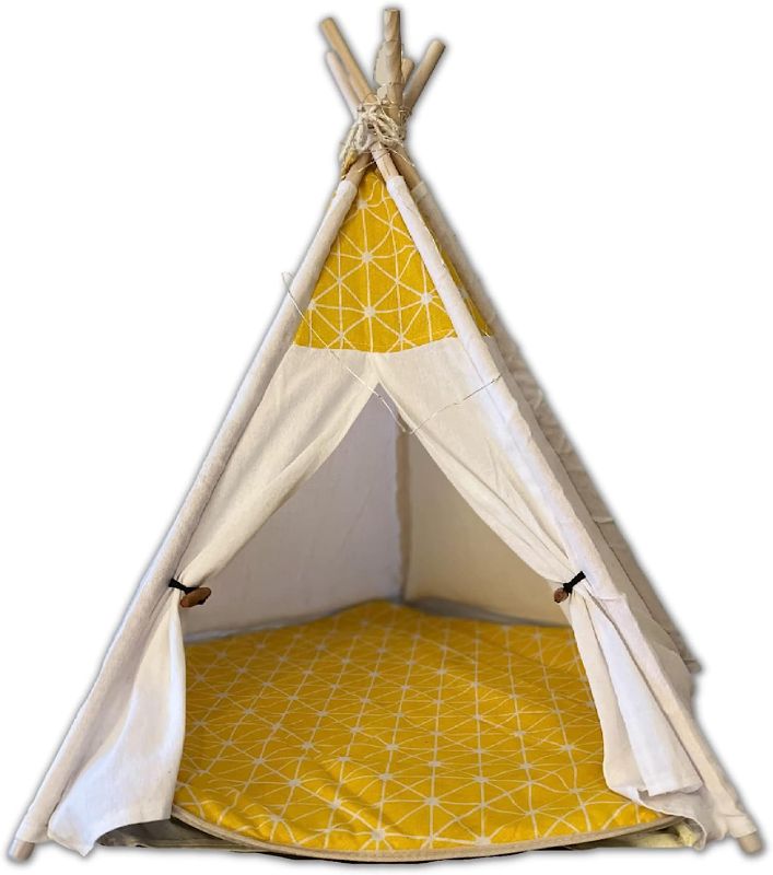 Photo 1 of POKO LOKO Pet Teepee - Cute Teepee Tent House for Your Cat or Small Dog Bed. Comes with a Cushion. Washable and Portable Pet Tent for Indoor and Outdoor Use. (Yellow Trellis)
