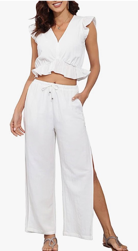 Photo 1 of Hount Womens Summer 2 Piece Outfits V Neck Crop Top Side Split Wide Leg Pants Jumpsuit Casual Vacation Outfits with Pockets SIZE: 3xl