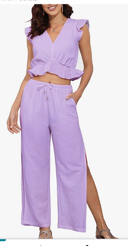 Photo 1 of Hount Womens Summer 2 Piece Outfits V Neck Crop Top Side Split Wide Leg Pants Jumpsuit Casual Vacation Outfits with Pockets SIZE: xl