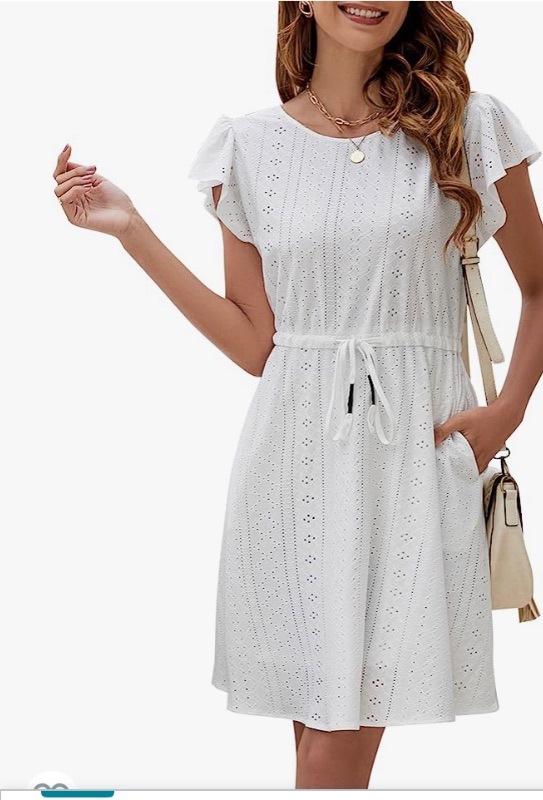 Photo 1 of Blooming Jelly Women's Casual Dresses A Line Ruffle Short Sleeve Dress 2023 Summer Knee Length Eyelet Dress with Pockets Size: large