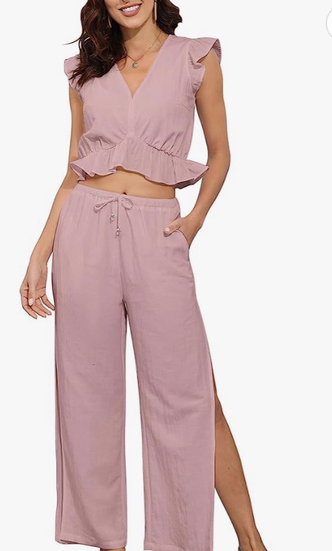 Photo 1 of Hount Womens Summer 2 Piece Outfits V Neck Crop Top Side Split Wide Leg Pants Jumpsuit Casual Vacation Outfits with Pockets Xlarge