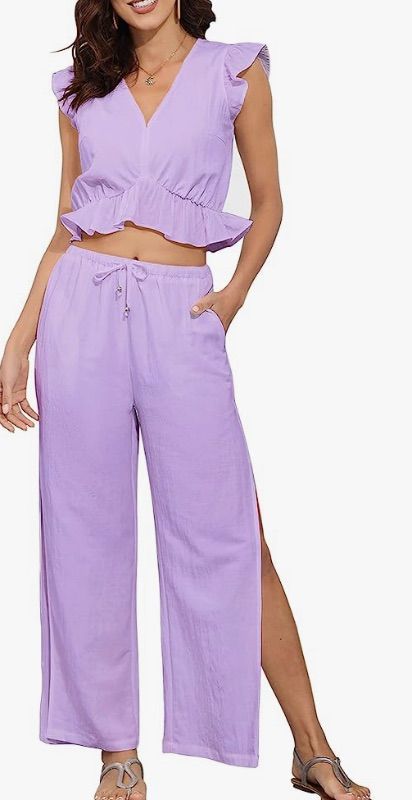 Photo 1 of Hount Womens Summer 2 Piece Outfits V Neck Crop Top Side Split Wide Leg Pants Jumpsuit Casual Vacation Outfits with Pockets Size 3xl