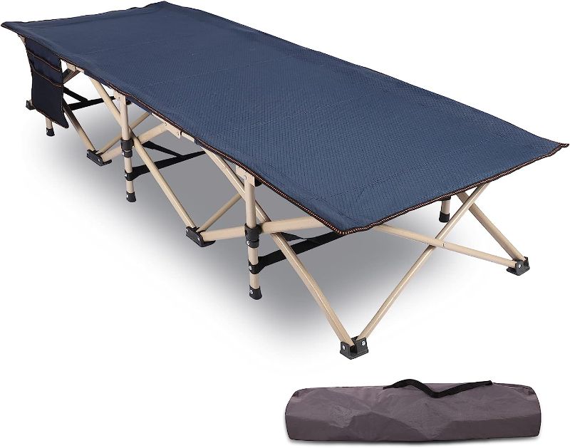 Photo 1 of **ONE LEG  NEEDS EXTRA PRESSURE TO FOLD**Portable Kids Cots for Sleeping, Upgraded Folding Toddler Camping Bed with Carry Bag for Outdoor Indoor, Easy to Set Up, Navy Blue, 75 x 26 inches
