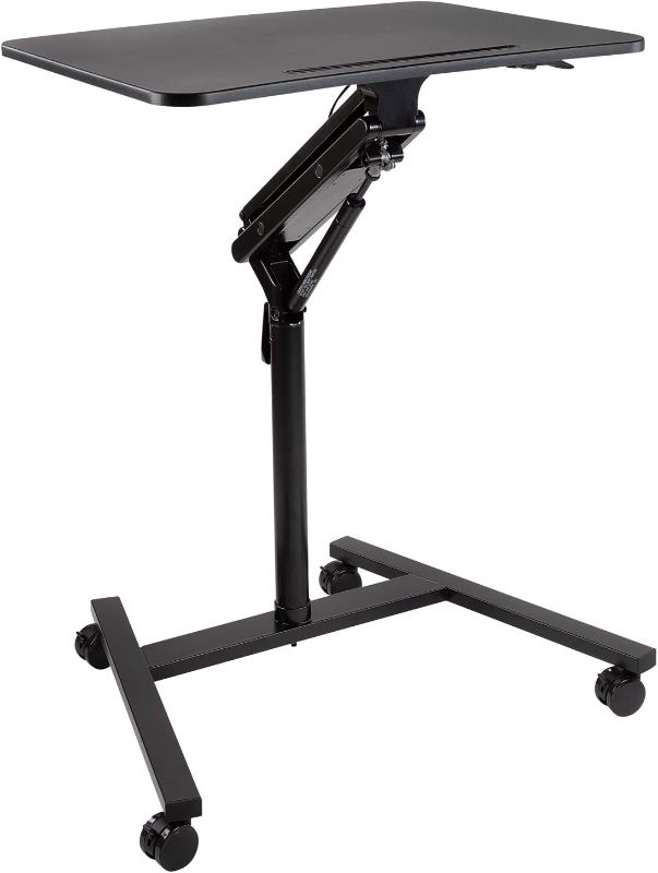 Photo 1 of Mount-It! Mobile Standing Laptop Desk, Height Adjustable Rolling Sit Stand Workstation with Casters, 27.5 Wide with Gas Spring Lift Mechanism, Black
