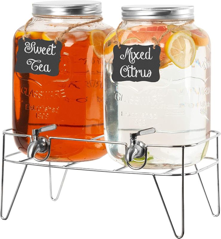 Photo 1 of 2 Pack of Outdoor Glass Beverage Dispensers with Sturdy Metal Bases & Stainless Steel Spigots - 2 Gallon Drink Dispensers for Lemonade, Tea, Cold Water, Laundry Detergent & More