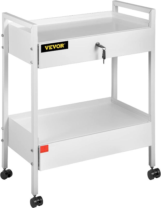 Photo 1 of VEVOR Lab Cart, 2 Tiers Stainless Steel Utility Cart Medical Cart 2 Drawers Rolling Lab Cart White Paint Serving Cart with 360° Casters for Laboratory Hospital Dental Office Salon Beauty
