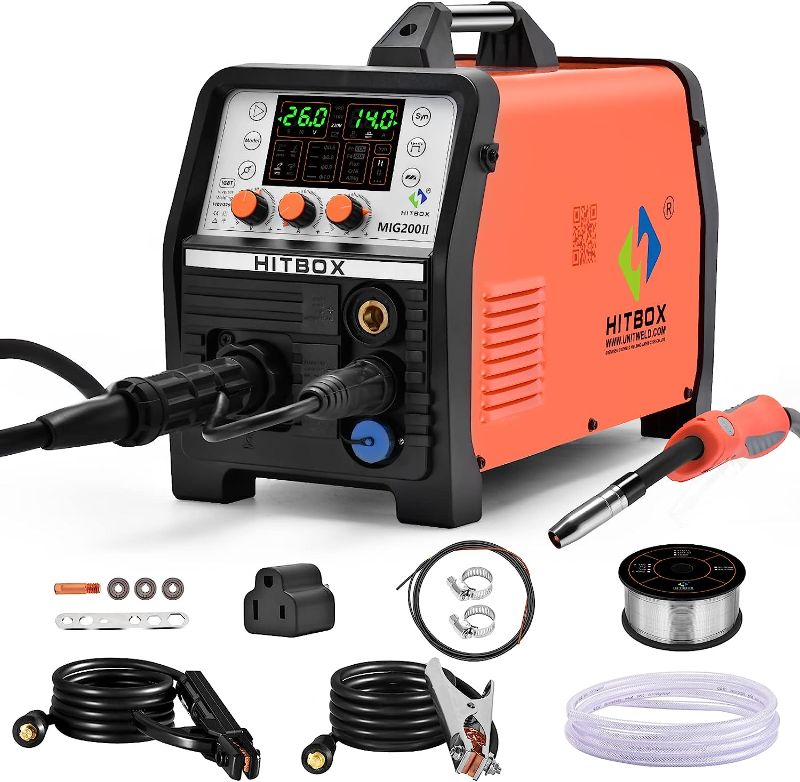 Photo 1 of HITBOX 5 in 1 MIG Welder 200Amp Synergic 110V 220V Multifunction Aluminum Inverter MIG ARC Lift TIG Gas Gasless MIG Spool Gun Compatible Flux Cored Wire Solid Core Welding Machine Equipment (Upgraded)
