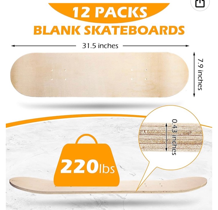 Photo 1 of 12 Pack Blank Skateboard Decks Maple Skateboard Deck 8 x 32 Inch 7 Ply Wooden Skate Decks Natural Wood Double Tail Plain Skateboard Concave Light Deck Bulk for Art Painting Replacement Home Decoration