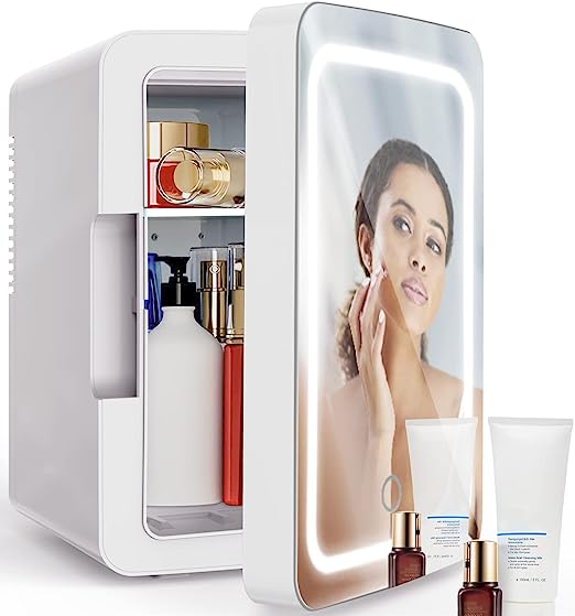 Photo 1 of PERSONAL CHILLER 6L Mini Fridge Cooler and Warmer, LED Lighted Mirror Glass, Portable Mini Fridge for Skincare, Makeup, Beauty Products, Bedroom Vanity