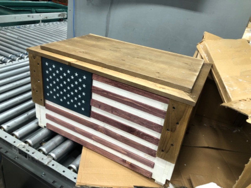 Photo 7 of **LID AND ONE LEG NEED TO BE REPAIRED, SEE PHOTO FOR DAMAGE***
Wooden Patio Beverage Cooler for Porch, Deck or Patio - American Flag Design - 57 Qt - Backyard Expressions 57 Qt. American Flag