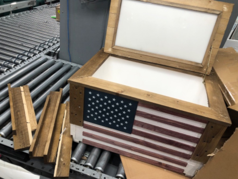 Photo 6 of **LID AND ONE LEG NEED TO BE REPAIRED, SEE PHOTO FOR DAMAGE***
Wooden Patio Beverage Cooler for Porch, Deck or Patio - American Flag Design - 57 Qt - Backyard Expressions 57 Qt. American Flag