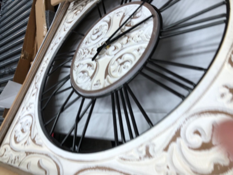 Photo 2 of **botton left corner needs to be nailed**
Deco 79 White Wood Farmhouse Wall Clock, 29 x 29 x 2 Inches