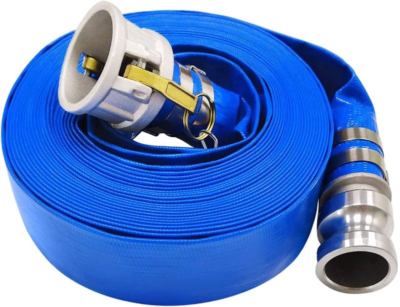 Photo 1 of  2" x 50 FT Blue Backwash Hose,Reinforced Discharge Hose for Swimming Pools Heavy Duty PVC Lay Flat Pool Drain Hose with Connector Aluminum Camlock C and E Fittings