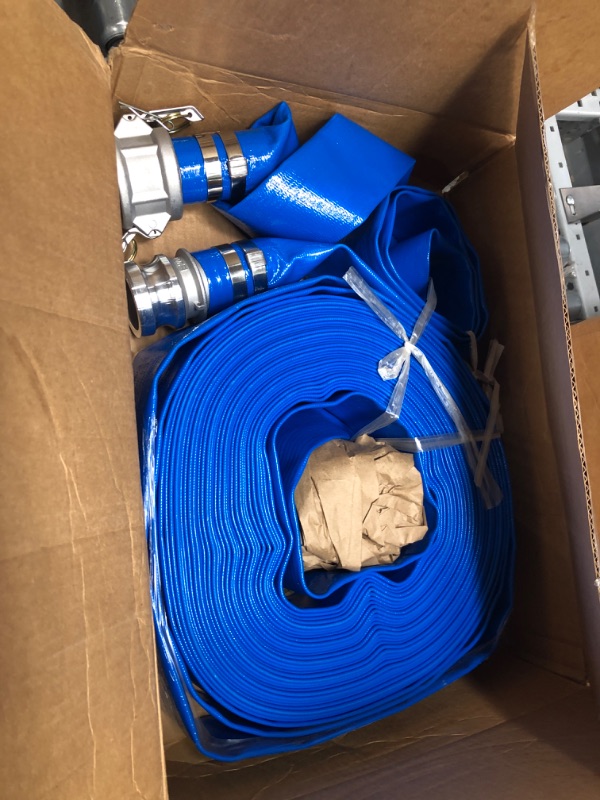 Photo 2 of  2" x 50 FT Blue Backwash Hose,Reinforced Discharge Hose for Swimming Pools Heavy Duty PVC Lay Flat Pool Drain Hose with Connector Aluminum Camlock C and E Fittings