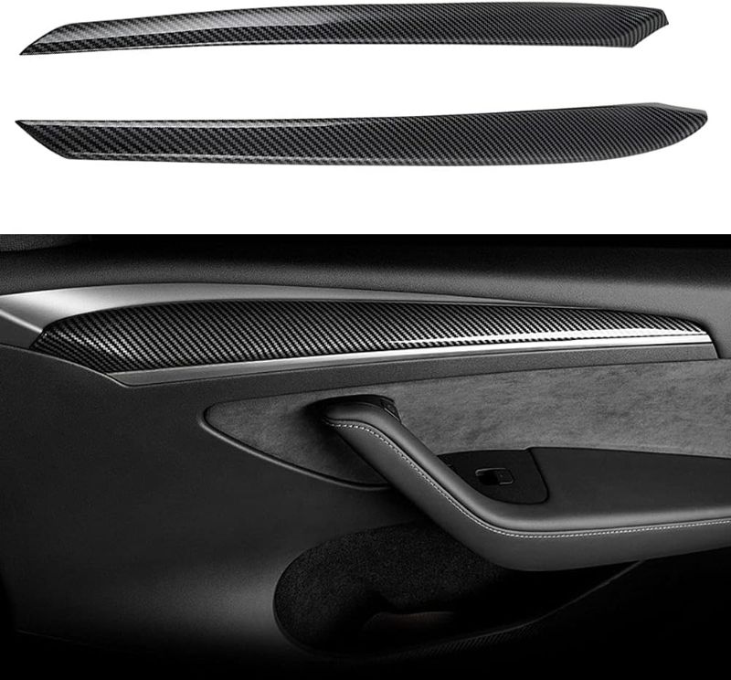 Photo 1 of 2Pcs ABS Carbon Fiber Inner Front Door Panel Armrest Cover Trim Interior Decoration Compatible for Latest 2021 2022 2023 Tesla Model 3
