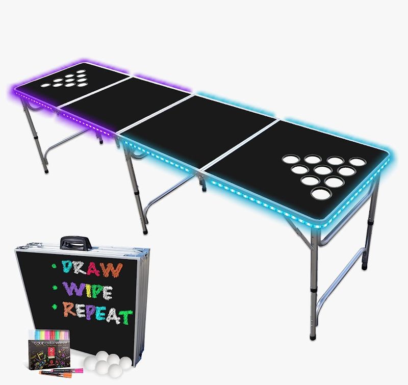 Photo 1 of *MINOR DAMAGE** 8-Foot Beer Pong Table w/Optional Cup Holes & LED Color-Changing Glow Lights - 11 Table Designs Available
