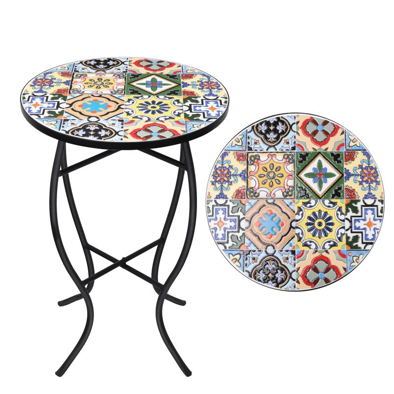 Photo 1 of 21" Mosaic Patio Side Table Outdoor Mosaic Table Accent Coffee Table,Plant End Table Small Porch Table Indoor,Round Ceramic Tile Top Balcony Small Porch Plant Table Stands for Garden Patio Living Room 14 Inch