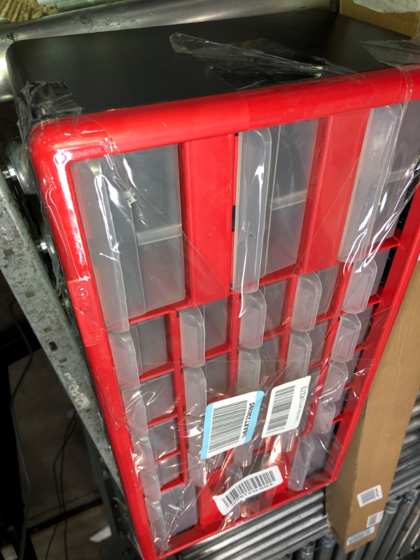 Photo 1 of 20x10x6" Red & Black Shelf of Clear Storage Bins/Cubbies, Slide-Out, Grooved Edge for Easy Pull, Plastic Garage Organizer, Variety Size 