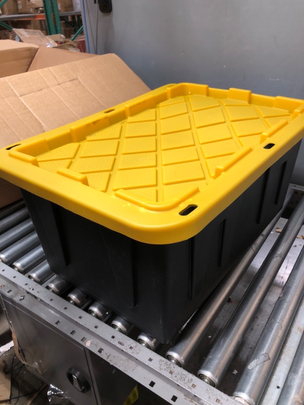 Photo 3 of **ONE BOX**MISSING ONE** Homz Durabilt 27 Gallon Capacity Flip Lid Stackable Heavy Duty Tough Storage Container Tote, Black Base with Yellow Lid (2 Pack) Black Base/Yellow Lid 27 Gallon (Pack of 2)