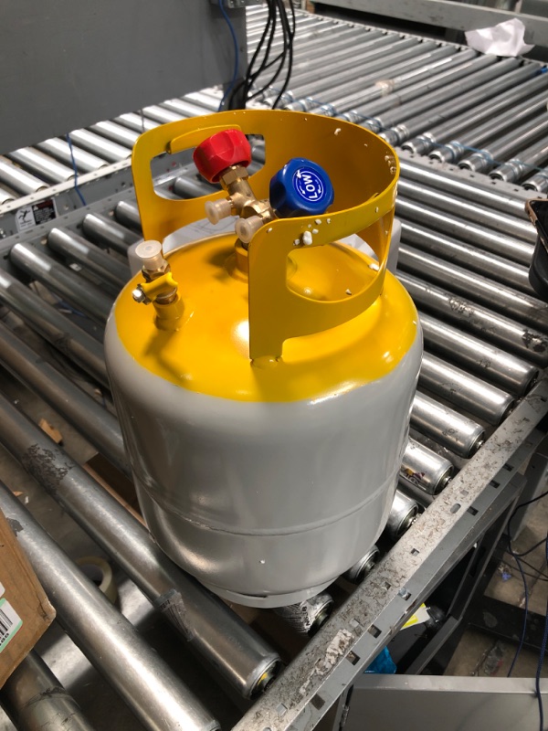 Photo 2 of GCCSJ Refrigerant Recovery Tank with Double Valve Collar Design Reusable Save Valve and 1/4 SAE Y Valve Gray Yellow 30 LB Capacity