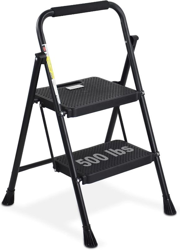 Photo 1 of HBTower 2 Step Ladder, Folding Step Stool with Wide Anti-Slip Pedal, Sturdy Steel Ladder, Convenient Handgrip, Lightweight 500lbs Portable, Black
