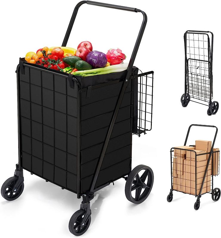 Photo 1 of HABUTWAY Folding Shopping Cart with Wheels 360 Degree Rolling Swivel Grocery Cart with Removable Oxford Cloth Liner Compact Utility Cart for Groceries Luggage Laundry,220lb Capacity
