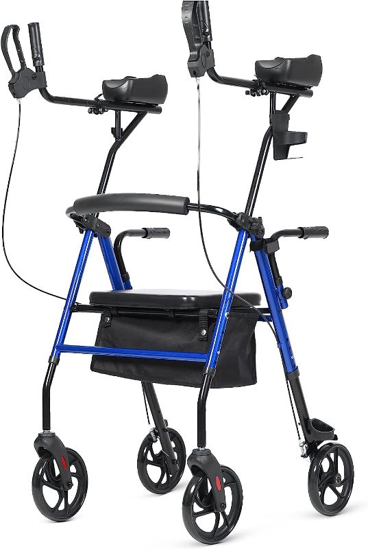 Photo 1 of ELENKER Upright Walker, Stand Up Rollator Walker with Padded Seat and Backrest, Lightweight, Compact Folding, Fully Adjustment Frame for Seniors, Blue
