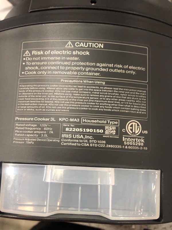 Photo 2 of IRIS USA 3 Qt. 8-in-1 Electric Pressure Cooker, Slow Cooker, Rice Cooker, Steamer, Sear & Sauté, Yogurt, Compact Multi-Cooker for 2-3 People with Over 110 Pre-Programmed Recipes, Vegan Friendly, Black

