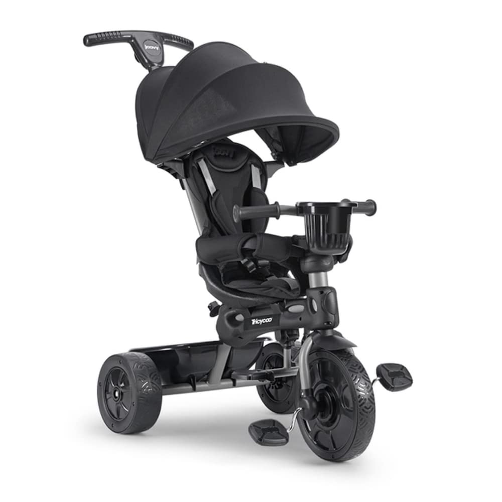 Photo 1 of Joovy Tricycoo 4.1 Kids Tricycle with 4-Stages Featuring Extra-Wide Front Tire, Removable and Adjustable Parent Handle, Safety Harness, Machine-Washable Seat Pad, and Retractable Canopy (Black)
