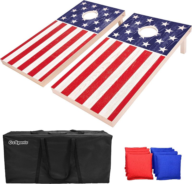 Photo 1 of **see images for damage**
Flag Series Wood Cornhole Set – Includes Two Regulation Size 4 ft x 2 ft Boards, 8 Bean Bags, Carrying Case and Rules
