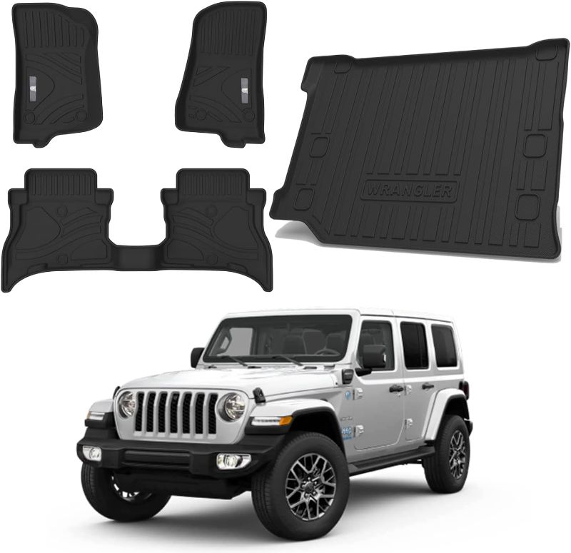 Photo 1 of COSLAKE 4XE Floor Mats & Cargo Mat for Jeep Wrangler 2021 2022 2023, All Weather Guard Jeep Wrangler Floor Mats with Cargo Liner for Front/Rear/Cargo, Custom Fit Jeep Wrangler Accessories 4 Door 3# 2021-2023 4XE Floor Mats + Cargo Mat