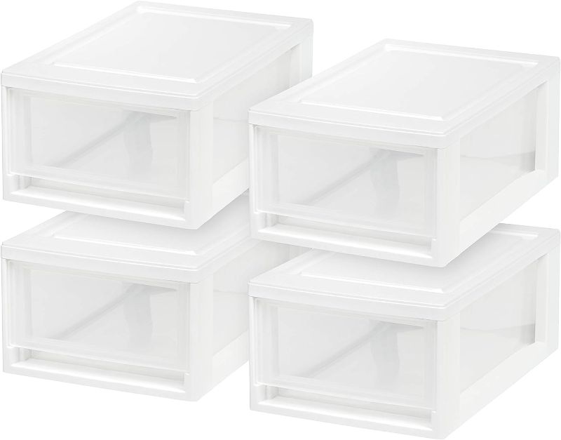 Photo 1 of IRIS USA 6 Quart Compact Stacking Storage Drawer, Plastic Drawer Organizer with Clear Doors for Undersink, Kitchen, Pantry, Desk, and Home De-Clutter, Store Shoes and Craft Supplies, 
 3 Pack, White
