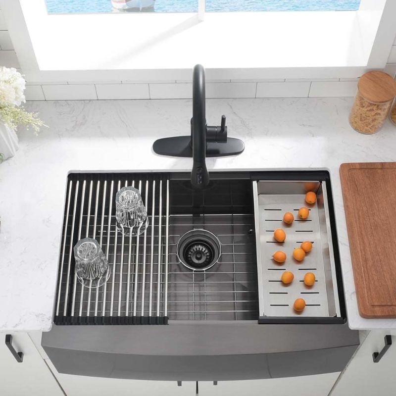 Photo 1 of 33 Black Farmhouse Kitchen Sink Workstation- Wesliv 33x21 Stainless Steel Farmhouse Apron Front Workstation Kitchen Sink 16 Gauge R10 Deep Single Bowl Farm Sink with Cutting Board
