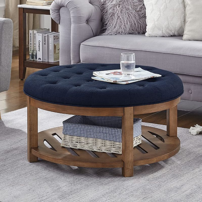 Photo 1 of 24KF Large Round Upholstered Tufted Linen Ottoman Coffee Table, Large Footrest Ottoman with Wood Shelf Storage-Granite Round Ottoman with Shelf Graite Ottoman With Shelf