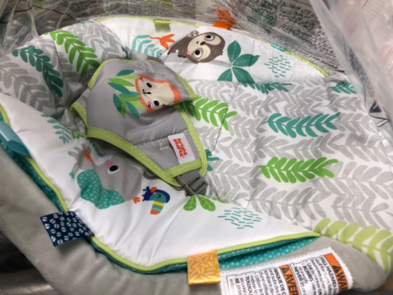 Photo 3 of Bright Starts Jungle Vines Comfy Baby Bouncer and Vibrating Infant Seat with Taggies & Elephant and Sloth Plush Baby Toys