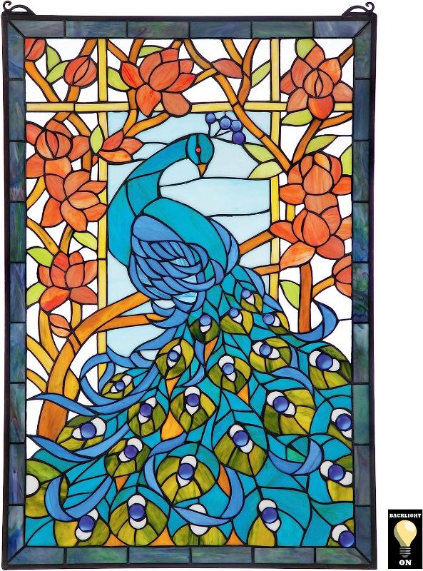 Photo 1 of ***DAMAGED - SEE NOTES*** Bieye W10005 Pigeon Point Peacock Tiffany Style Stained Glass Window Panel 15" W x 23" H