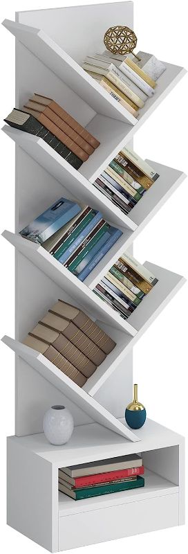 Photo 1 of 4NM Small Tree Bookshelf with Storage Space, Standing Bookcase for CD Storage and Magazine Rack, Wooden Book Tree Organizer Shelves for Small Spaces (White)