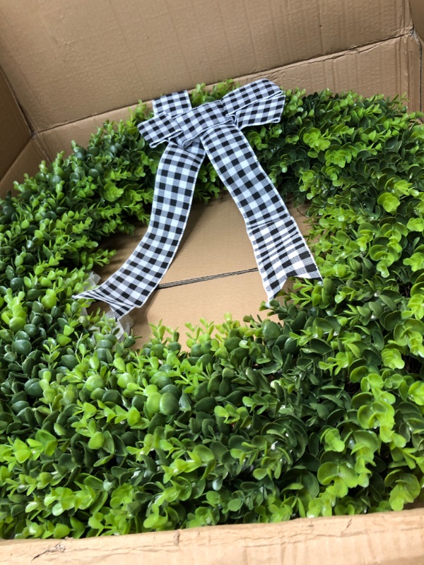 Photo 1 of 23" Faux Round Boxwood Wreath, Vlorart Artificial Boxwood Wreath Front Door Wreaths Artificial Spring Summer Greenery Hanging with A Plaid Bow for Front Door Wall Hanging Window Wedding Party Decor
