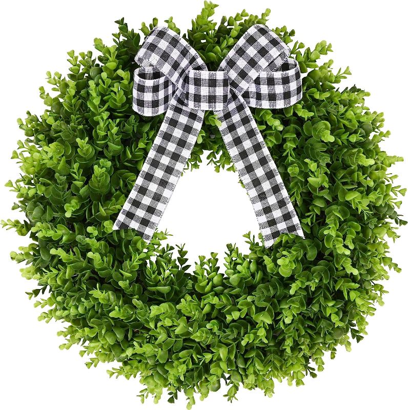 Photo 1 of 23" Faux Round Boxwood Wreath, Vlorart Artificial Boxwood Wreath Front Door Wreaths Artificial Spring Summer Greenery Hanging with A Plaid Bow for Front Door Wall Hanging Window Wedding Party Decor
