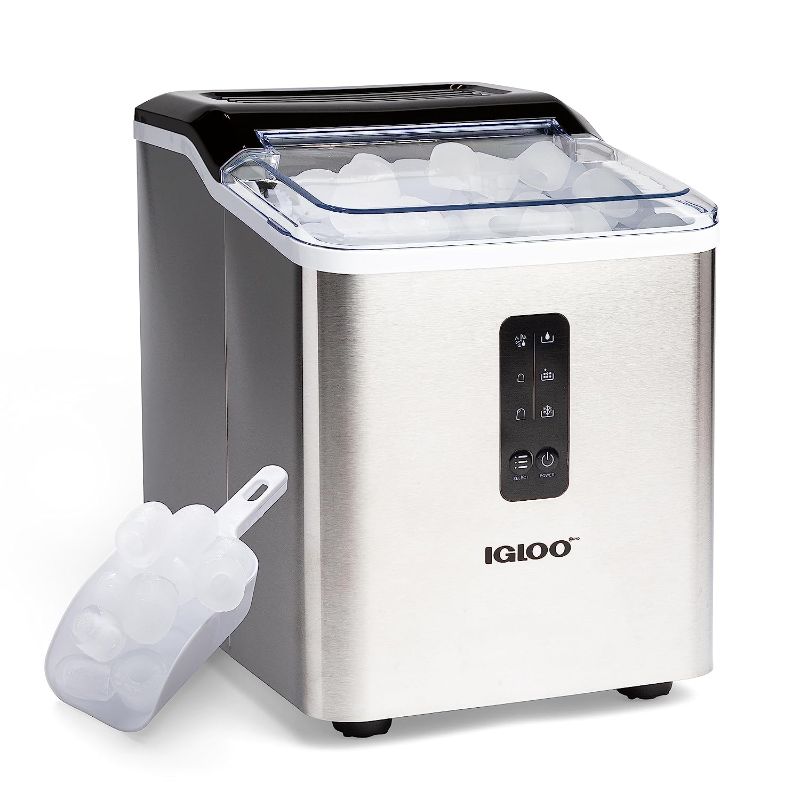 Photo 1 of Igloo Automatic Ice Maker, Self- Cleaning, Countertop Size, 26 Pounds in 24 Hours, Ice Cubes in 7 Minutes, LED Control Panel, Scoop Included, Perfect for Water Bottles, Mixed Drinks, Stainless Steel
