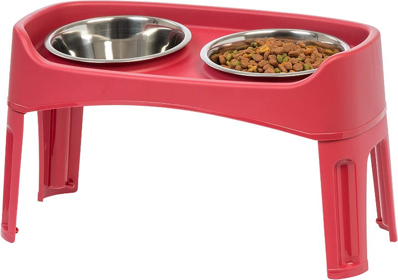 Photo 1 of IRIS USA Large Elevated Pet Feeder with Attachable Legs and 2 Stainless Steel Bowls, For Small to Large Dogs Cats with 2 Quart Bowls and 12"H Legs Raised Pet Feeding Station, Red
