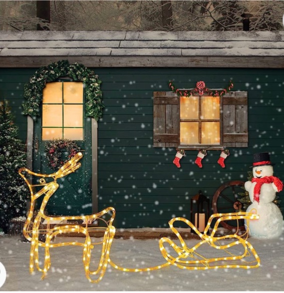 Photo 1 of Reindeer Sleigh Lights Outdoor Christmas Decoration, 192 LED 3D Reindeer with Santa' Sleigh Mains Powered, 2700K Warm White Christmas Deer Sled Display Lights for Yard Lawn Porch Patio Decor