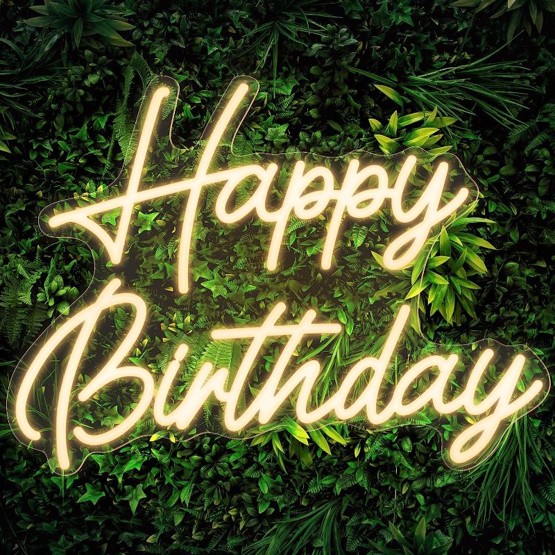 Photo 1 of Happy Birthday Neon Sign, Neon Happy Birthday Sign for Backdrop with Dimmable Switch - Happy Birthday Light Up Sign for Birthday Party Decoration (Warm White)