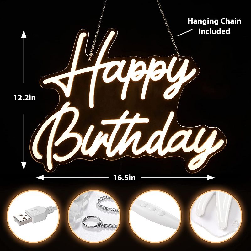 Photo 2 of Happy Birthday Neon Sign, Neon Happy Birthday Sign for Backdrop with Dimmable Switch - Happy Birthday Light Up Sign for Birthday Party Decoration (Warm White)