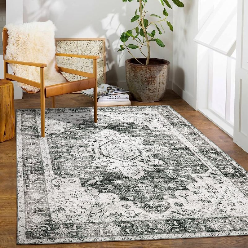 Photo 1 of *SIMILAR TO STOCK PHOTO, NOT EXCT* Moynesa Ultra-Thin Washable Area Rug - 5x7 Large Gray Rug for Living Room Vintage Rugs for Bedroom, Non Slip Non Shedding Pet Friendly Dining Room Mat Carpet for Department Office Kitchen
