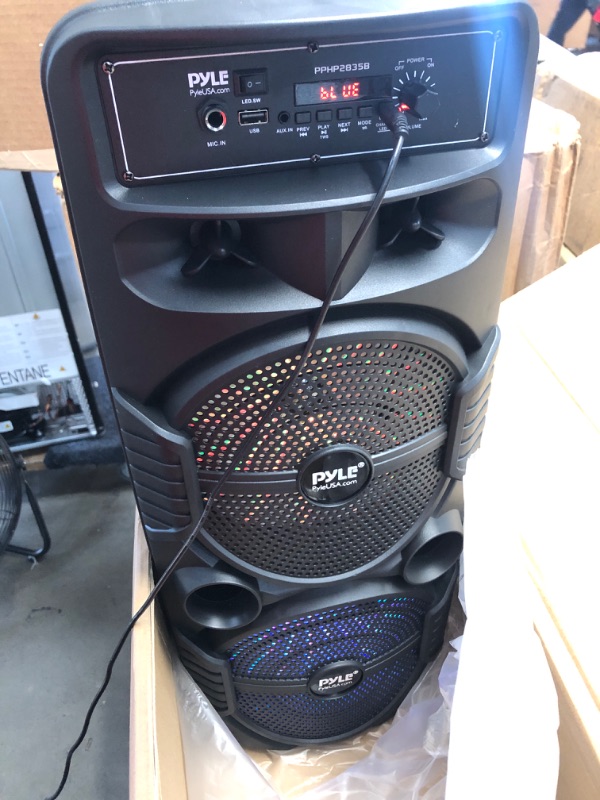 Photo 5 of Pyle Portable Bluetooth PA Speaker System - 600W Rechargeable Outdoor Bluetooth Speaker Portable PA System w/ Dual 8” Subwoofer 1” Tweeter, Microphone In, Party Lights, USB, Radio, Remote - PPHP2835B