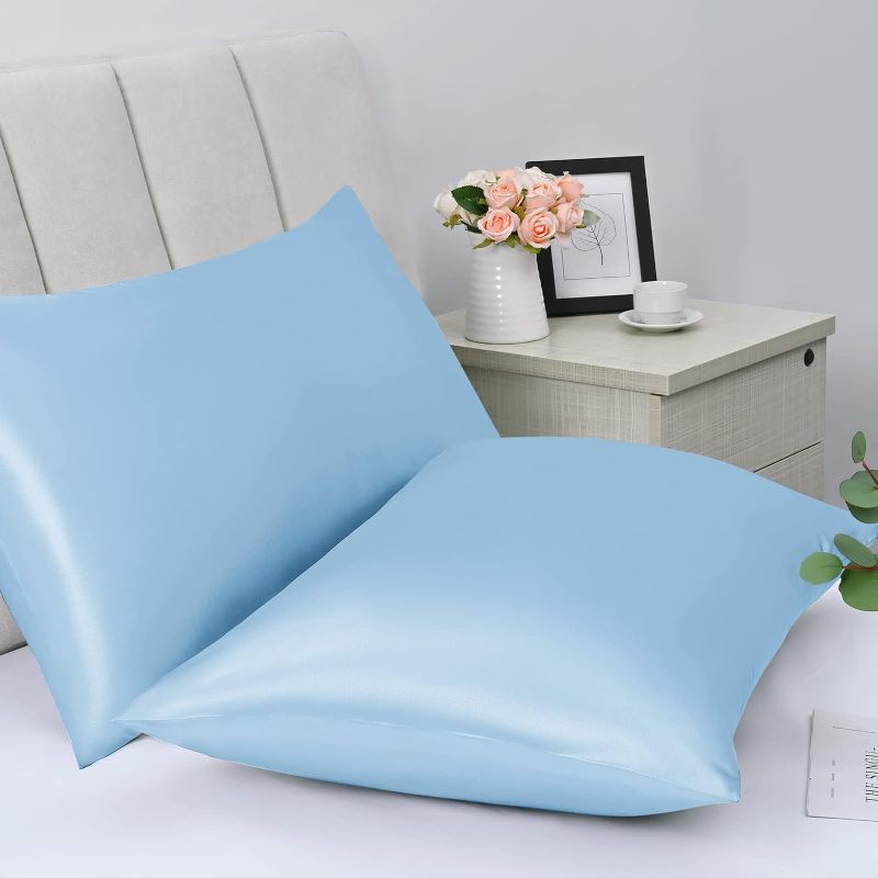 Photo 1 of 2 Pack Satin Pillowcases for Hair and Skin, Sky Blue Silk Pillowcase Queen Satin Pillowcase with Envelope Closure(Sky Blue,20x30inches) 