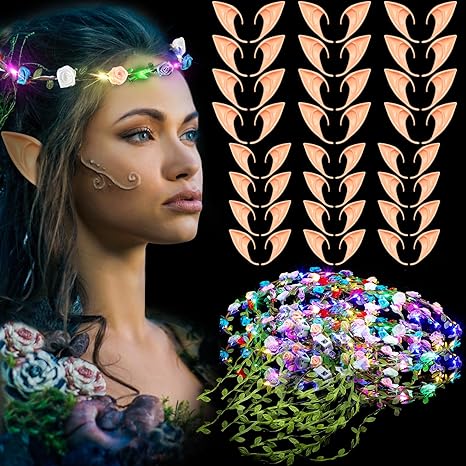 Photo 1 of Zeyune 12 Pcs LED Light up Flower Crown with 24 Pairs Elf Ears Fairy Ears Flower Headband for Girls Women Fairy Costume for Costume Makeup Halloween Masquerade Christmas Party Cosplay 