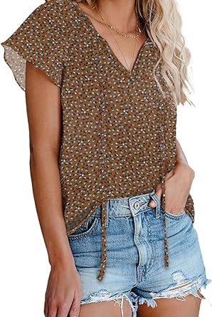 Photo 1 of FARYSAYS Women's 2023 Summer Boho Tops Floral Print V Neck Short Sleeve Casual Loose Blouses Shirts 